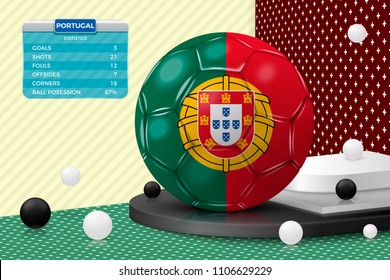 Vector 3d realistic football ball with Portugal flag, scoreboard, isolated in corner wall abstract scene with podium, white and black objects.