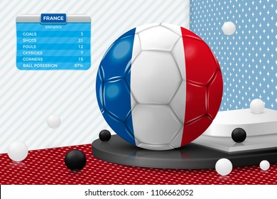 Vector 3d realistic football ball with France flag, scoreboard, isolated in corner wall abstract scene with podium, white and black objects.