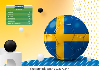 Vector 3d realistic football ball with Sweden flag, scoreboard, isolated in corner wall abstract scene with podium, white and black objects.