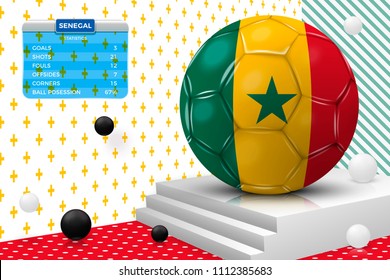 Vector 3d realistic football ball with Senegal flag, scoreboard, isolated in corner wall abstract scene with podium, white and black objects.
