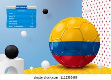 Vector 3d realistic football ball with Colombia flag, scoreboard, isolated in corner wall abstract scene with podium, white and black objects.