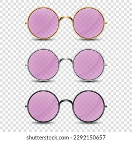 Vector 3d Realistic Frame Glasses with Pink Glass. Golden, Silver, Black Color Frame. Pink Transparent Sunglasses for Women and Men, Accessory. Optics, Lens, Vintage, Trendy Glasses. Front View