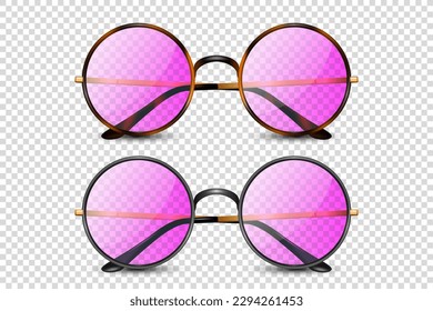 Vector 3d Realistic Frame Glasses with Pink Glass. Black and Leopard Color Frame. Pink Transparent Sunglasses for Women and Men, Accessory. Optics, Lens, Vintage, Trendy Glasses. Front View