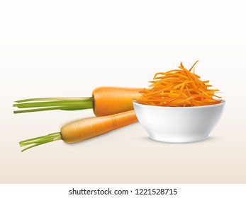 Vector 3d realistic fresh carrots and rubbed orange vegetable in white porcelain bowl. Cutted farm product isolated on background. Chopped vegetarian ripe nutrition. Bright backdrop for markets.
