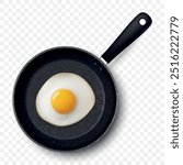 Vector 3d Realistic Fried Egg in the Black Frying Pan, Closeup Isolated, Top View. Design Template of Scrambled Eggs, Fried Egg, Omelette. Delicious Breakfast, Food, Culinary Concept