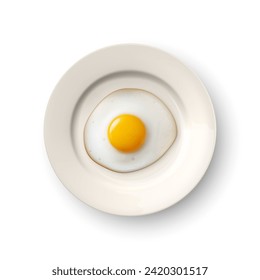 Vector 3d Huevo frito realista en una placa de plato de plato cerrado aislado en la vista superior. Plantilla de diseño de huevos revueltos, huevo frito, tortilla. Delicioso desayuno, comida, concepto culinario