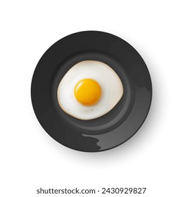 Vector 3d Realistic Fried Egg on a Black Dish Plate Closeup Isolated in Top View. Design Template of Scrambled Eggs, Fried Egg, Omelette. Delicious Breakfast, Food, Culinary Concept