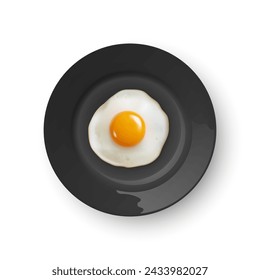 Vector 3d Realistic Fried Egg on a Black Dish Plate Closeup Isolated in Top View. Design Template of Scrambled Eggs, Fried Egg, Omelette. Delicious Breakfast, Food, Culinary Concept