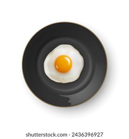 Vector 3d Realistic Fried Egg on a Black Dish Plate Closeup Isolated in Top View. Design Template of Scrambled Eggs, Fried Egg, Omelette. Delicious Breakfast, Food, Culinary Concept