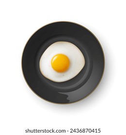 Vector 3d Realistic Fried Egg on a Black Dish Plate Closeup Isolated in Top View. Design Template of Scrambled Eggs, Fried Egg, Omelette. Delicious Breakfast, Food, Culinary Concept