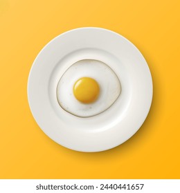 Vector 3d Realistic Fried Egg on a White Dish, Plate Closeup Isolated in Top View. Design Template of Scrambled Eggs, Fried Egg, Omelette. Delicious Breakfast, Food, Culinary Concept