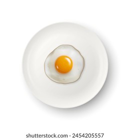 Vector 3d Realistic Fried Egg on a White Dish, Plate Closeup Isolated in Top View. Design Template of Scrambled Eggs, Fried Egg, Omelette. Delicious Breakfast, Food, Culinary Concept