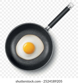 Vetor 3d Realista frito ovo na frigideira preta, Closeup isolado, vista superior. Modelo de design de ovos mexidos, ovo frito, Omelete. Delicioso café da manhã, comida, conceito culinário