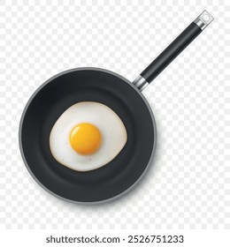 Vector 3d Realistic Fried Egg in the Black Frying Pan, Closeup Isolated, Top View. Design Template of Scrambled Eggs, Fried Egg, Omelette. Delicious Breakfast, Food, Culinary Concept