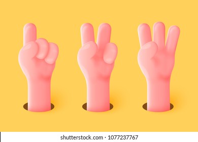 Vector 3d realistic funny cartoon hands, showing gestures - one, two, three fingers. 