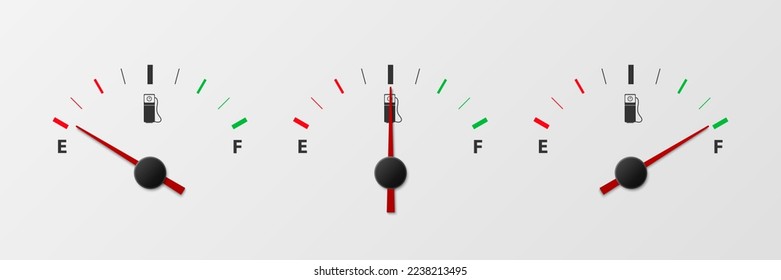 Vector 3d Realistic Gas Fuel Tank Gauge, Oil Level Bar Set. Full and Empty. Display Board, Fuel Gauge Panel, Car Dashboard Details. Fuel Indicator, Gas Meter, Sensor. Design Template