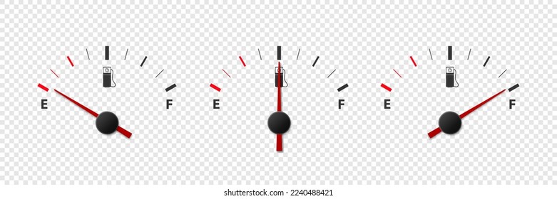 Vector 3d Realistic Gas Fuel Tank Gauge, Oil Level Bar Set Isolated. Full and Empty. Display Board, Fuel Gauge Panel, Car Dashboard Details. Fuel Indicator, Gas Meter, Sensor. Design Template