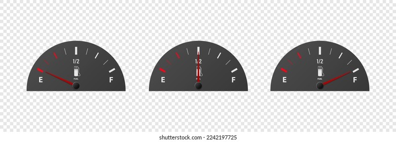 Vector 3d Realistic Gas Fuel Tank Gauge, Oil Level Bar Set Isolated. Full and Empty. Display Board, Fuel Gauge Panel, Car Dashboard Details. Fuel Indicator, Gas Meter, Sensor. Design Template