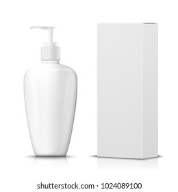 Vector 3d realistic gel pump bottle with paper box on white background with reflection. Mock-up for product package branding.