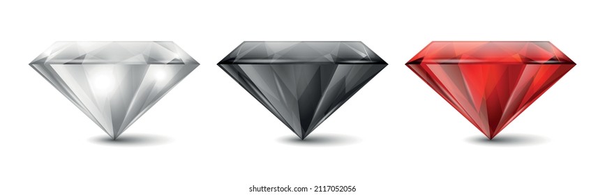 Vector 3d Gemstone realista, Cristal, Rhinestones Icono Cerrado Aislado. Concepto jovial. Plantilla de diseño, Clipart. Gemas de colores, cristales, rinestonas, piedras angulares, vista lateral
