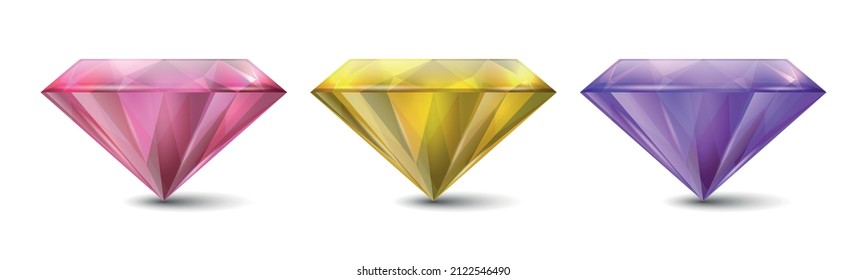 Vector 3d Gemstone realista, Cristal, Rhinestones Icono Cerrado Aislado. Concepto jovial. Plantilla de diseño, Clipart. Gemas de colores, cristales, rinestonas, piedras angulares, vista lateral