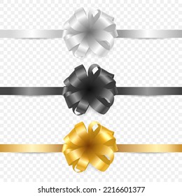 Vector 3d Realistic Gift Bow of Different Colors Icon Set Closeup Isolated. White, Black, Yellow Golden Bow for Birthday, Christmas Presents, Gifts, Invitation, Card, Gift Box. Holiday Decoration