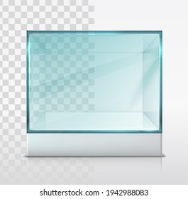 Vector 3d realistic glass box, cube for presentation on white stand. Isolated, transparent and white background.