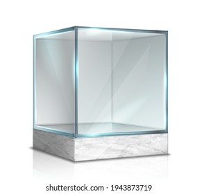 Vector 3d caja de vidrio realista, cubo para presentación sobre soporte de mármol. Aislado sobre fondo blanco.