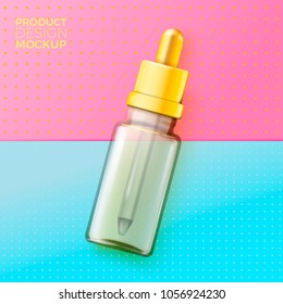Vector 3d realistic glass dropper on bright modern paper background with slight texture. Mock-up for product package branding.