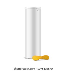 Vector 3d Realistic Glossy Blank White Metal Tin Can, Canned Food, Potato Chips Packaging with Lid, Realistic Textured Chips Isolated On White Background. Design Template, Mockup. Front View