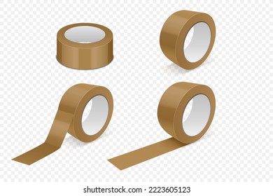 Vector 3d Realistic Glossy Brown Tape Roll Icon Set, Mock-up Closeup Isolated on White Background. Design Template of Packaging Sticky Tape Roll or Adhesive Tape for Mockup. Front View