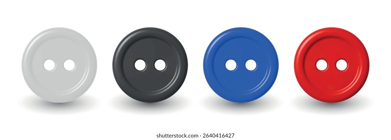Vector 3d Realistic Glossy Button Set. Red Blue Black White Round Plastic Button Clipart for Sewing, Fashion. Vector Button Elements, Isolated Realistic Button Vector Illustration