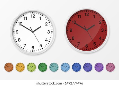 Icono de reloj de pared simple realista y brillante clásico Vector 3d aislado en fondo blanco. Diferentes colores. Plantilla de diseño para maquillaje, promoción de marca, publicidad, diseño interior. Vista frontal