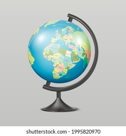 Vector 3d Realistic Glossy Globe of Planet Earth with Political Map of World Isolated. Design Template, Mockup of School Globe on Table, Model of Earth for Graphics, Clipart. Front View