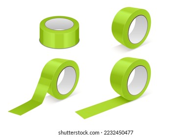 Vector 3d Realistic Glossy Green Tape Roll Icon Set, Mock-up Closeup Isolated on White Background. Design Template of Packaging Sticky Tape Roll or Adhesive Tape for Mockup. Front View