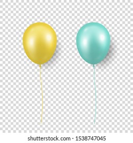 Vector 3d Realistic Glossy Metallic Yellow, Turquoise Balloon with Ribbon Icon Closeup Isolated on Transparent Background. Translucent Baloons Design Template for Mockup. Anniversary, Birthday Party