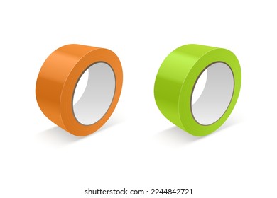 Vector 3d Realistic Glossy Orange and Green Tape Roll Icon Set, Mock-up Closeup Isolated on White Background. Design Template of Packaging Sticky Tape Roll or Adhesive Tape for Mockup. Front View