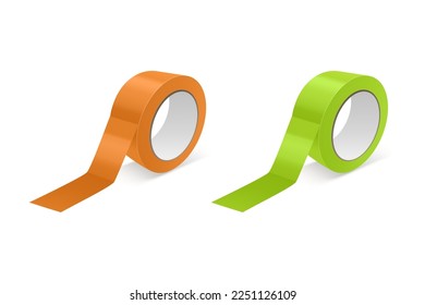 Vector 3d Realistic Glossy Orange and Green Tape Roll Icon Set, Mock-up Closeup Isolated on White Background. Design Template of Packaging Sticky Tape Roll or Adhesive Tape for Mockup. Front View