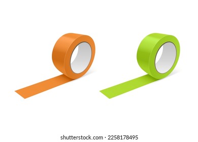 Vector 3d Realistic Glossy Orange and Green Tape Roll Icon Set, Mock-up Closeup Isolated on White Background. Design Template of Packaging Sticky Tape Roll or Adhesive Tape for Mockup. Front View