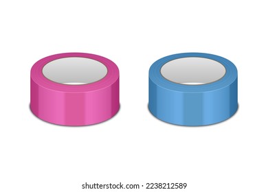 Vector 3d Realistic Glossy Pink and Blue Tape Roll Icon Set, Mock-up Closeup Isolated on White Background. Design Template of Packaging Sticky Tape Roll or Adhesive Tape for Mockup. Front View