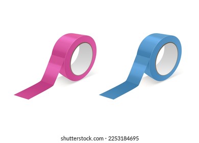Vector 3d Realistic Glossy Pink and Blue Tape Roll Icon Set, Mock-up Closeup Isolated on White Background. Design Template of Packaging Sticky Tape Roll or Adhesive Tape for Mockup. Front View