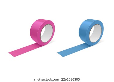 Vector 3d Realistic Glossy Pink and Blue Tape Roll Icon Set, Mock-up Closeup Isolated on White Background. Design Template of Packaging Sticky Tape Roll or Adhesive Tape for Mockup. Front View