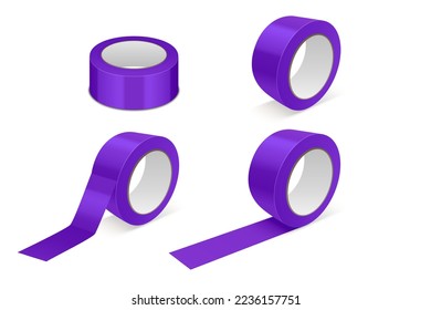 Vector 3d Realistic Glossy Purple Tape Roll Icon Set, Mock-up Closeup Isolated on White Background. Design Template of Packaging Sticky Tape Roll or Adhesive Tape for Mockup. Front View