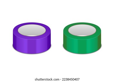 Vector 3d Realistic Glossy Purple and Green Tape Roll Icon Set, Mock-up Closeup Isolated on White Background. Design Template of Packaging Sticky Tape Roll or Adhesive Tape for Mockup. Front View