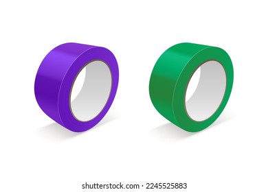 Vector 3d Realistic Glossy Purple and Green Tape Roll Icon Set, Mock-up Closeup Isolated on White Background. Design Template of Packaging Sticky Tape Roll or Adhesive Tape for Mockup. Front View