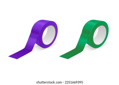 Vector 3d Realistic Glossy Purple and Green Tape Roll Icon Set, Mock-up Closeup Isolated on White Background. Design Template of Packaging Sticky Tape Roll or Adhesive Tape for Mockup. Front View