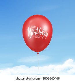 Vector 3d Realistic Glossy Red Balloon with Ribbon and Happy Birthday Message Closeup on Blue Sky Background. Flying Balloon in the Sky. Design Template for Anniversary, Birthday Postcard, Banner