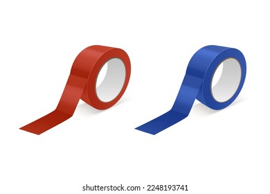 Vector 3d Realistic Glossy Red and Blue Tape Roll Icon Set, Mock-up Closeup Isolated on White Background. Design Template of Packaging Sticky Tape Roll or Adhesive Tape for Mockup. Front View