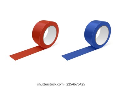 Vector 3d Realistic Glossy Red and Blue Tape Roll Icon Set, Mock-up Closeup Isolated on White Background. Design Template of Packaging Sticky Tape Roll or Adhesive Tape for Mockup. Front View