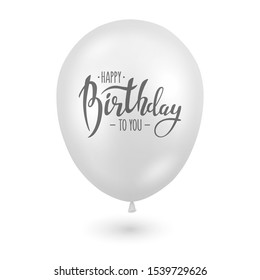 Vector 3d Realistic Glossy White Balloon Closeup Isolated On White Background With Happy Birthday Lettering. Design Template Of Translucent Baloon For Mockup. Anniversary, Birthday Party. Front View